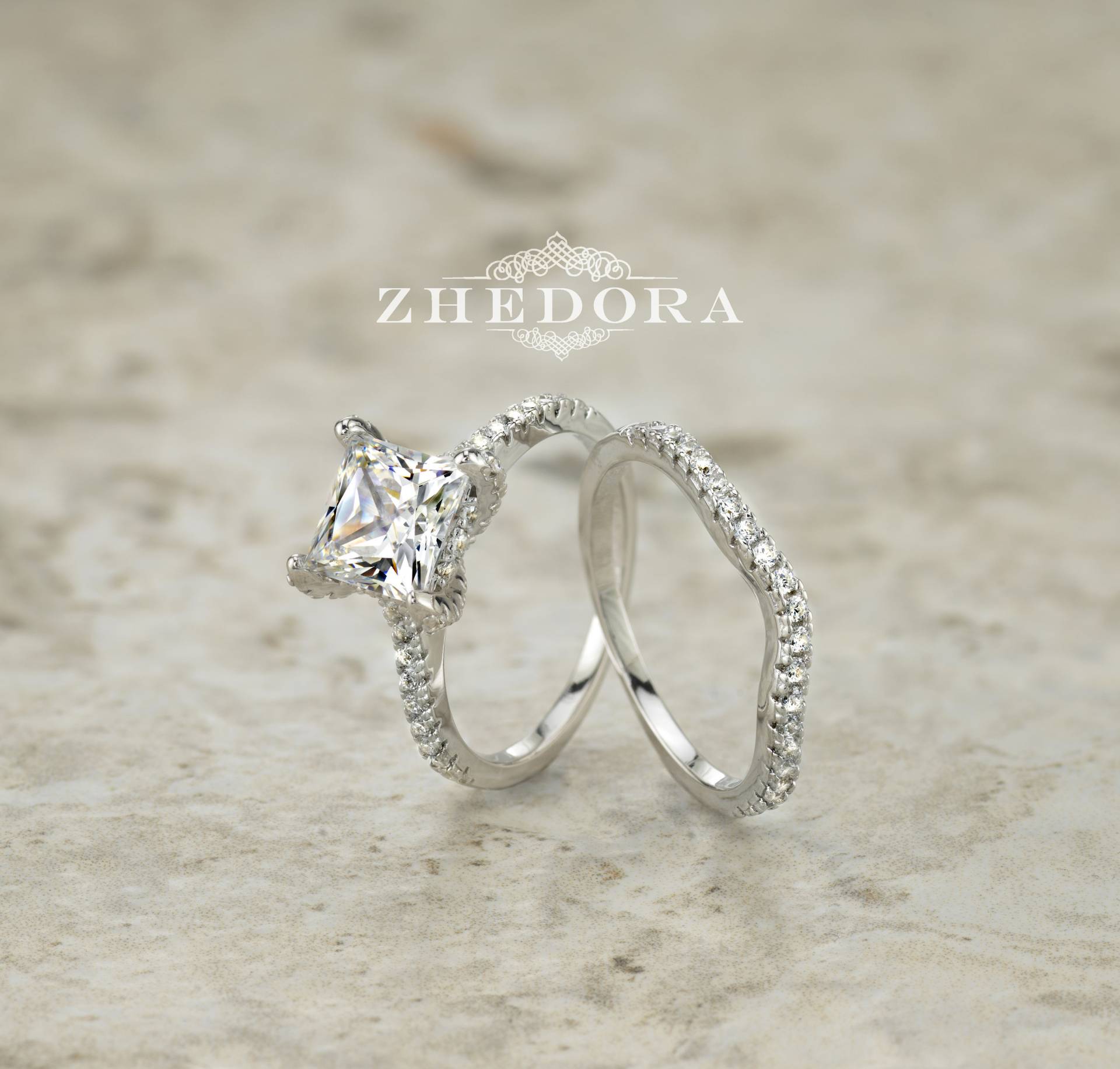 Princess Cut Verlobungsring Mit Akzent Und Passendem Band Sterling Silber Brautring Hochzeitsring von ZhedoraArgento