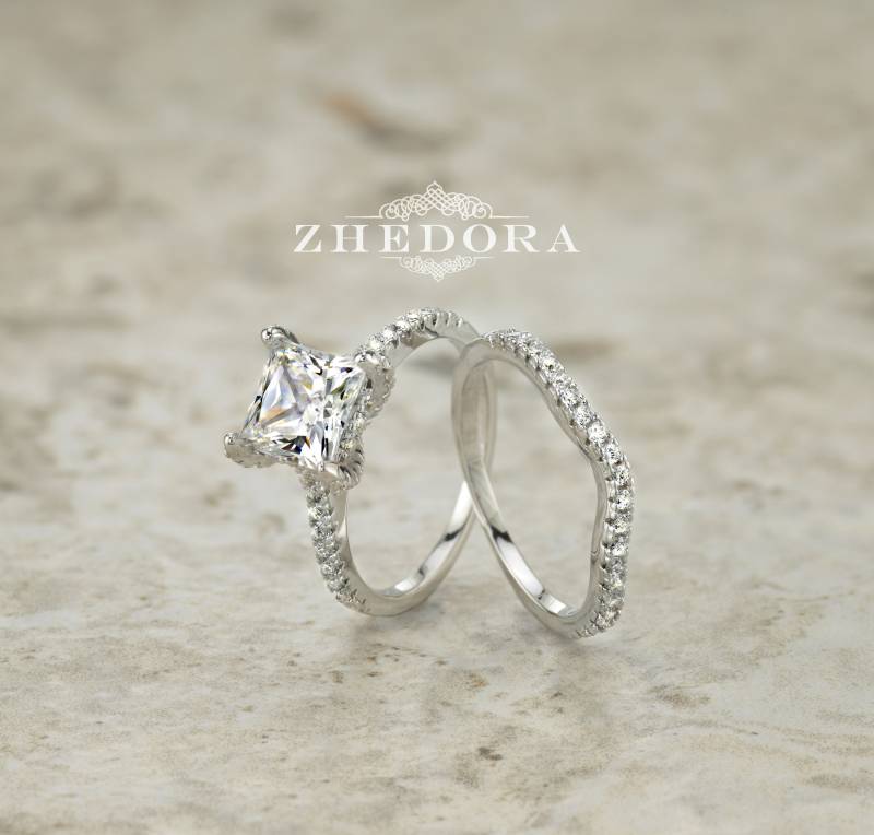 Princess Cut Verlobungsring Mit Akzent Und Passendem Band Sterling Silber Brautring Hochzeitsring von ZhedoraArgento