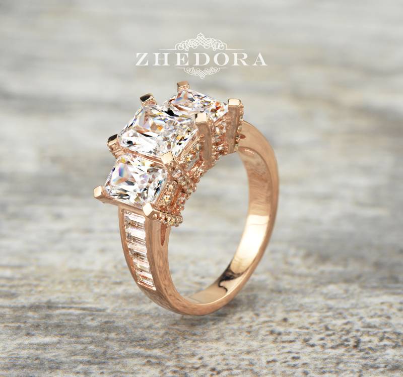 Smaragd Geschnitten Drei Stein Verlobungsring Rose Gold Vergoldet Schnitt Ring Kanal Set Seite Steine Braut Ehering von ZhedoraArgento