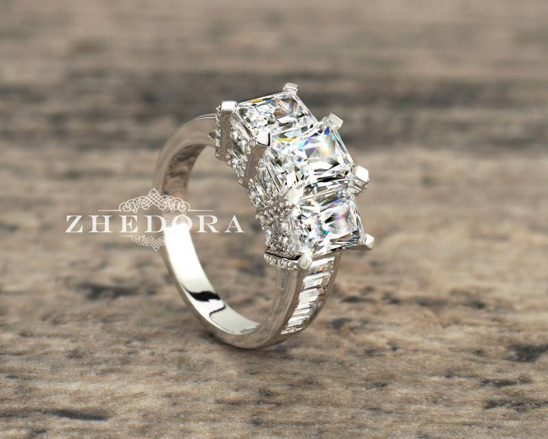 Smaragdschliff Drei Stein Verlobungsring Ringkanal Gesetzt Seitensteine Tri-Stein Brautring Ehering von ZhedoraArgento