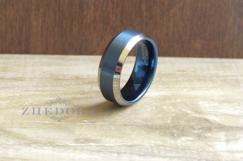 Wolfram-Herrenring Herren Flach Gebürstet Blau Center Ehering Wolfram Herrenband Hochglanzpoliert Abgeschrägte Kante 8mm Herrenring Jubiläumsring von ZhedoraArgento