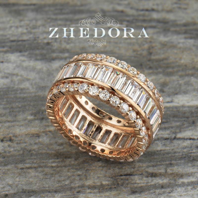 sterling Silber Ewigkeit Ehering, Smaragd Cut Band, Runde Schnitt Jubiläum Hochzeitsring, Rose Gold Überzogene Band von ZhedoraArgento