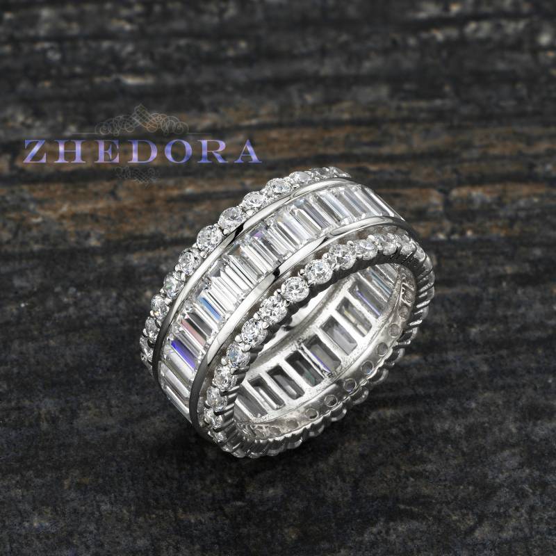 sterling Silber Ewigkeit Ehering, Smaragdschliff Band, Runde Schnitt Jubiläum Hochzeitsring, Luxus Ehering Von Zhedora von ZhedoraArgento