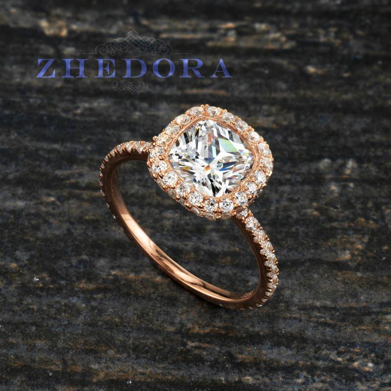 sterling Silber Halo Kissen Geschnitten Verlobungsring, Rose Vergoldet, Ring, Platz Ring Von Zhedora sterling Silber Halo Kissen Geschnitten Verlobungsring, Rose Vergoldet, Ring, Platz Ring Von Zhedora von ZhedoraArgento