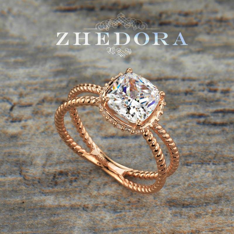 sterling Silber Kissen Geschnitten Kabel Band Verlobungsring, Rose Vergoldet, Split Schaft Geschnitten, Versteckte Halo Ring sterling Silber Kissen Geschnitten Kabel Band Verlobungsring, Rose Vergoldet, Split Schaft Geschnitten, Versteckte Halo Ring von ZhedoraArgento