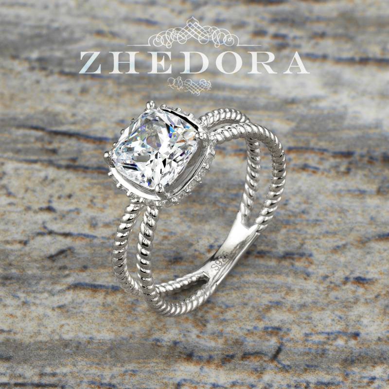 sterling Silber Kissen Geschnitten Kabel Band Verlobungsring, Split Schaft Geschnitten, Versteckte Halo Ring, Rhodium Vergoldet sterling Silber Kissen Geschnitten Kabel Band Verlobungsring, Split Schaft Geschnitten, Versteckte Halo Ring, Rhodium Vergoldet von ZhedoraArgento