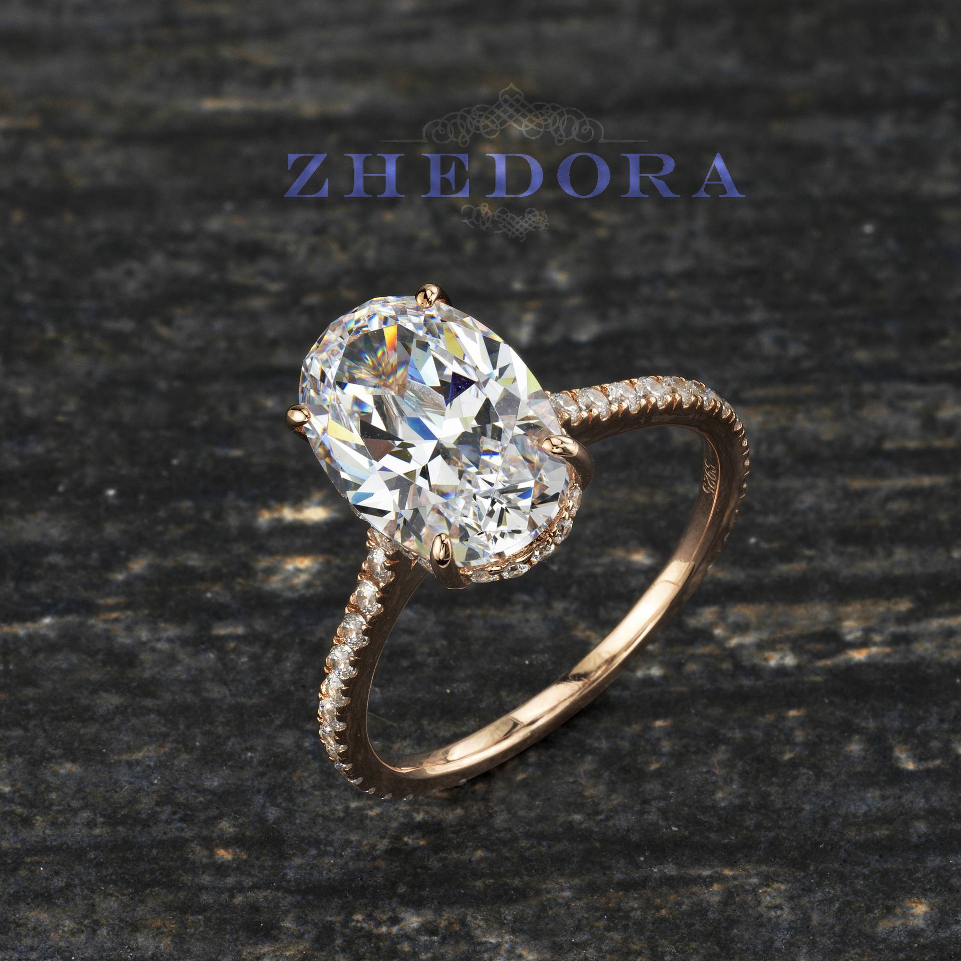 sterling Silber Oval Verlobungsring, Ring Mit Akzenten, 3 Ct Ring, Rose Vergoldet, Versteckter Halo von ZhedoraArgento