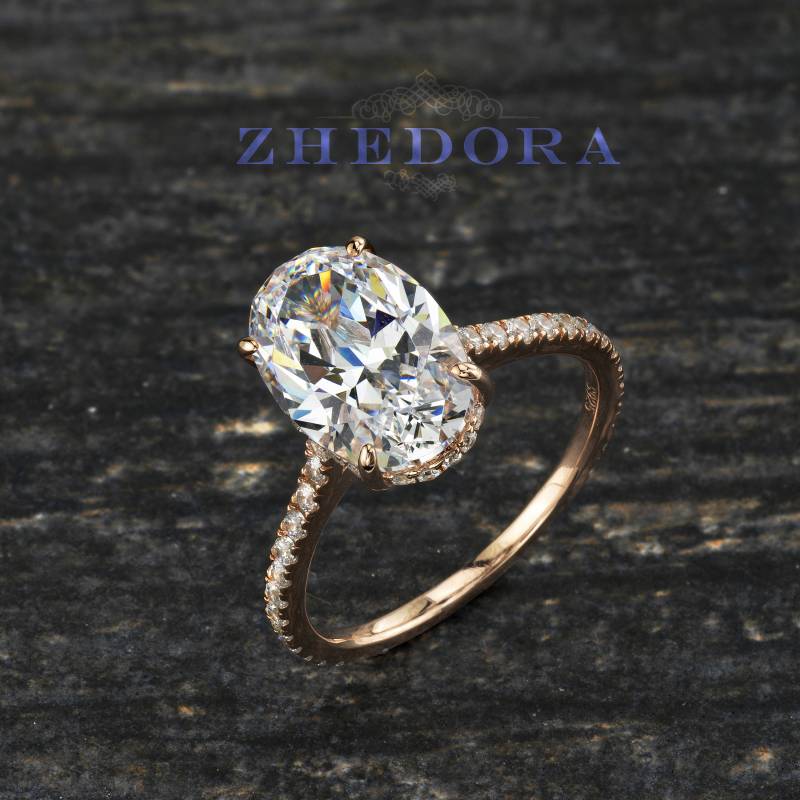 sterling Silber Oval Verlobungsring, Ring Mit Akzenten, 3 Ct Ring, Rose Vergoldet, Versteckter Halo von ZhedoraArgento