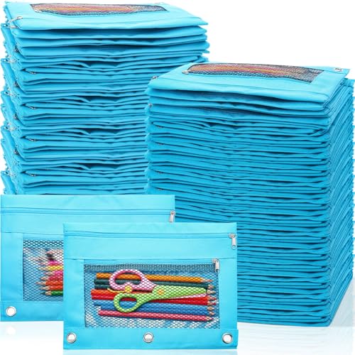Zhehao Federmäppchen mit Reißverschluss, 3 Ringbücher, mit Sichtfenster, Ringbuch, Federmäppchen, Büro, Schulbedarf, Blau, doppellagig mit Netzschicht, 100 Stück Zhehao Federmäppchen mit Reißverschluss, 3 Ringbücher, mit Sichtfenster, Ringbuch, Federmäppchen, Büro, Schulbedarf, Blau, doppellagig mit Netzschicht, 100 Stück von Zhehao