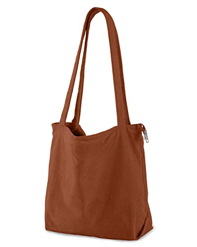 ZhengYue Cord Tasche Damen Umhängetasche Handtasche mit Reißverschluss,Groß Tasche Tote Bag Shopper Schultertaschen für Arbeit Büro Reisen Einkaufen Schule und Alltag Braun von ZhengYue