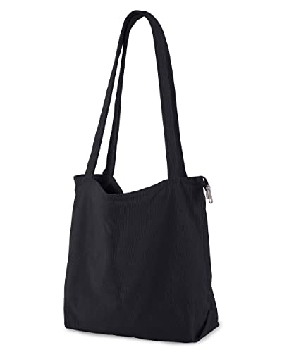 ZhengYue Cord Tasche Damen Umhängetasche Handtasche mit Reißverschluss,Groß Tasche Tote Bag Shopper Schultertaschen für Arbeit Büro Reisen Einkaufen Schule und Alltag Schwarz von ZhengYue