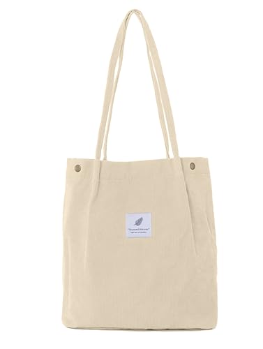 ZhengYue Handtasche Umhängetasche groß Cord Tasche Shopper Damen für Uni Arbeit Mädchen Schule (Beige) von ZhengYue