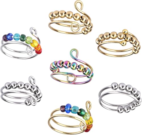 Zhenghebuy Fidget Angst Ringe Set 7 Stück Verstellbare Anti Stress,Verstellbare Anxiety Ring,Anti Angst Spinning mit Perlen Ringe,Offene Spinner Bunte Ring für Mädchen Frauen Damen von Zhenghebuy