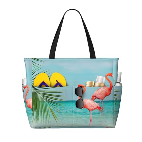 Zhengjia Flamingo In Water Große Kapazität Strand Reisetasche Wasserdichte Strandtasche Mit Reißverschluss Und Tasche Tragetasche Für Reisen, Einkaufen, Pool, Flamingo im Wasser, Einheitsgröße von Zhengjia