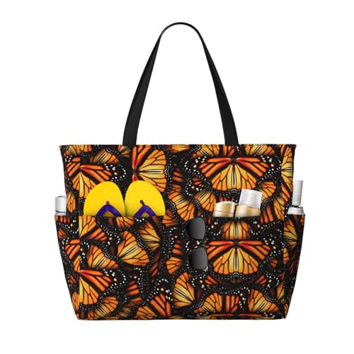 Zhengjia Heaps Of Orange Monarch Butterflies Große Kapazität Strand Reisetasche Wasserdichte Strandtasche mit Reißverschluss und Tasche, Tragetaschen für Reisen, Shopping, Pool, Heaps of Orange von Zhengjia