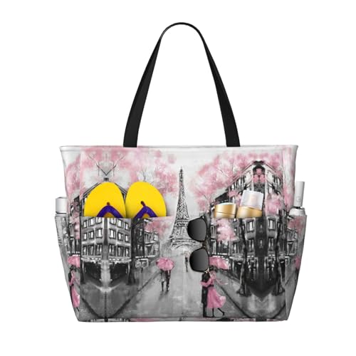 Zhengjia Paris Street Tower Strandtasche mit großem Fassungsvermögen, wasserdicht, Strandtasche mit Reißverschluss und Tasche, Tragetaschen für Reisen, Einkaufen, Pool, Paris Street Tower Pink Floral, von Zhengjia