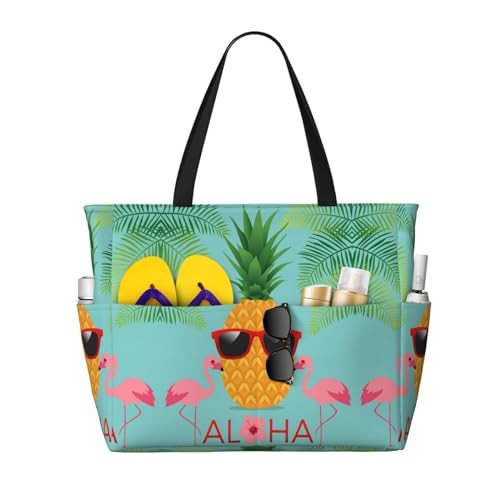 Zhengjia Strand-Reisetasche, Motiv: Ananas-Flamingo, große Kapazität, wasserdicht, mit Reißverschluss und Tasche, Tragetaschen für Reisen, Einkaufen, Pool, Ananas Flamingo, Einheitsgröße von Zhengjia