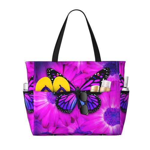 Zhengjia Strand-Reisetasche, Motiv: Schmetterlinge und Blumen, große Kapazität, wasserdicht, mit Reißverschluss und Tasche, Tragetaschen für Reisen, Einkaufen, Pool, Lila Schmetterling und Blume, von Zhengjia