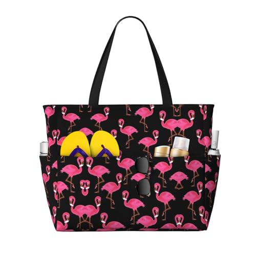 Zhengjia Strand-Reisetasche, Motiv: schöne rosa Flamingos, große Kapazität, wasserdichte Strandtasche mit Reißverschluss und Tasche, Tragetaschen für Reisen, Einkaufen, Pool, Schöne rosa Flamingos, von Zhengjia
