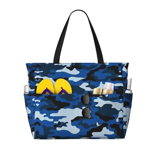 Zhengjia Strand-Reisetasche, wasserdicht, mit Reißverschluss und Tasche, Tragetaschen für Reisen, Shopping, Pool, blau camouflage, Einheitsgröße von Zhengjia