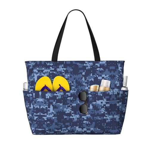 Zhengjia Strandtasche mit großem Fassungsvermögen, wasserdicht, mit Reißverschluss und Tasche, Tragetaschen für Reisen, Einkaufen, Pool, Blau, Blau Camouflage-Muster, Einheitsgröße von Zhengjia