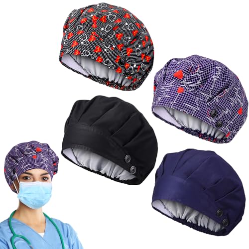 Zhengmy 4 Stück Satin gefütterte Bouffant Scrub Cap 4 Knöpfe Damen verstellbare Scheuerkappen mit Haargummis Chirurgische Mütze für Damen Herren Krankenschwester Mehrfarbig, Mehrfarbig, Einheitsgröße Zhengmy 4 Stück Satin gefütterte Bouffant Scrub Cap 4 Knöpfe Damen verstellbare Scheuerkappen mit Haargummis Chirurgische Mütze für Damen Herren Krankenschwester Mehrfarbig, Mehrfarbig, Einheitsgröße von Zhengmy