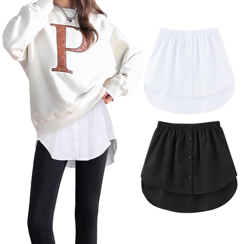 Zhiaek 2 Stück Hemdverlängerung Damen Mini Unterrock Lower Skirt Shirt Extender Unterzieh Blusenrock Hemd Verlängerung Rock mit Knöpfen Für Pullover, Sweatshirts, Jacken von Zhiaek