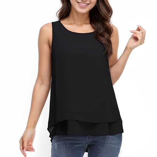 Zhiaek Chiffon Tank Top Damen Sommer ärmellose Blusentop Elegant Basic Cami Sommer Lässige Weste Oberteile Blusen Shirt Schwarz 3XL von Zhiaek