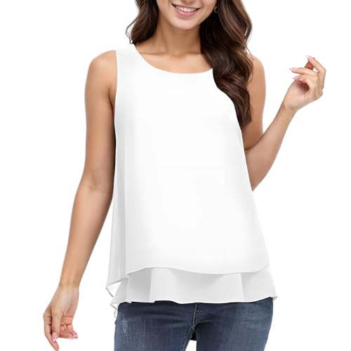 Zhiaek Chiffon Tank Top Damen Sommer ärmellose Blusentop Elegant Basic Cami Sommer Lässige Weste Oberteile Blusen Shirt Weiß M von Zhiaek