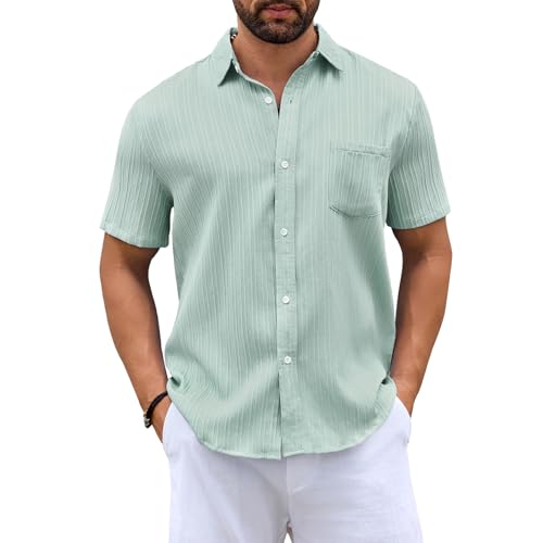 Zhiaek Hemd Herren Kurzarm Sommer Hemden Herren Einfarbig Freizeithemd Businesshemd Casual Regular Fit Shirt Baumwolle Strandhemd mit Brusttasche Grün M von Zhiaek