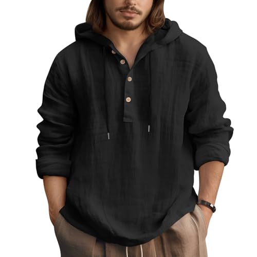 Zhiaek Hemd Herren Langarm mit Kapuze Baumwolle Henley Shirt Herren Langarm Freizeithemd V Ausschnitt Casual Regular Fit Men Shirts Schwarz L von Zhiaek