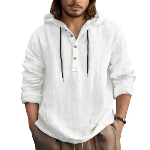 Zhiaek Hemd Herren Langarm mit Kapuze Baumwolle Henley Shirt Herren Langarm Freizeithemd V Ausschnitt Casual Regular Fit Men Shirts Weiß XL von Zhiaek