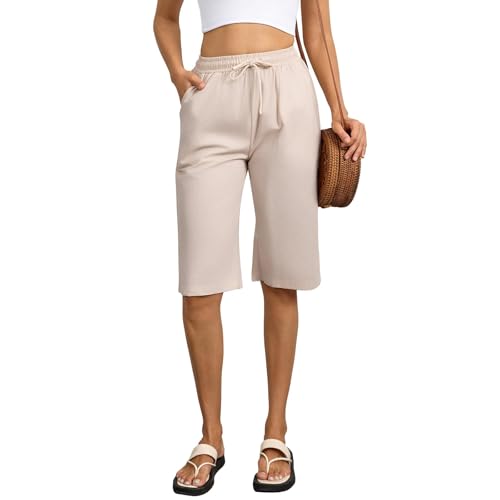 Zhiaek Knielange Hosen Damen Baumwolle Kurze Sommerhose Damen Leicht High Waist Shorts Weites Bein mit Kordelzug und Tasche Caprihose Strandhose Kurz Freizeithose Beige M von Zhiaek