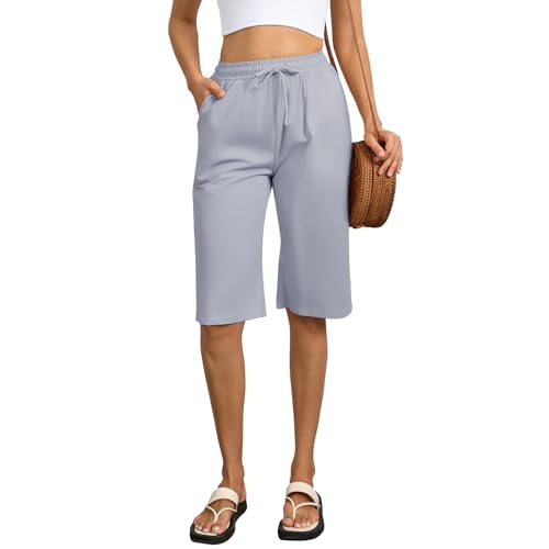 Zhiaek Knielange Hosen Damen Baumwolle Kurze Sommerhose Damen Leicht High Waist Shorts Weites Bein mit Kordelzug und Tasche Caprihose Strandhose Kurz Freizeithose Hellgrau S von Zhiaek