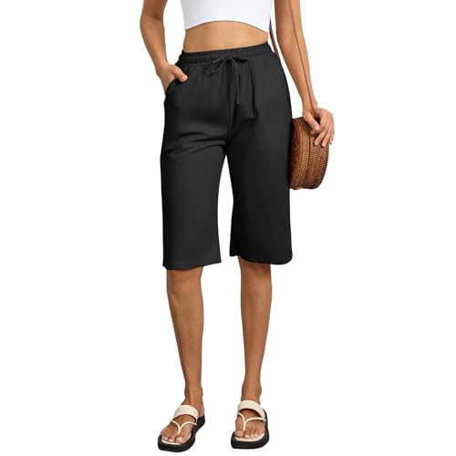 Zhiaek Knielange Hosen Damen Baumwolle Kurze Sommerhose Damen Leicht High Waist Shorts Weites Bein mit Kordelzug und Tasche Caprihose Strandhose Kurz Freizeithose Schwarz S von Zhiaek