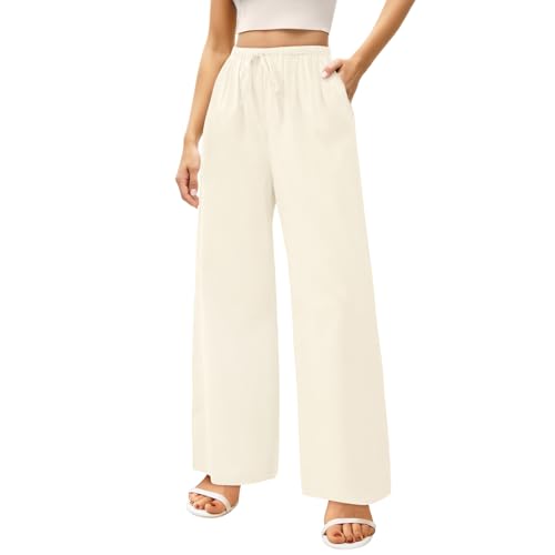 Zhiaek Leinenhose Damen Lang Weites Bein Sommerhosen Damen Leicht und Luftig Hose Sommer Casual Locker Freizeithose Palazzo Hose Weite Leg Hose Hohe Taille mit Tunnelzug und Taschen Beige L von Zhiaek