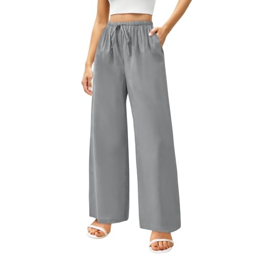 Zhiaek Leinenhose Damen Lang Weites Bein Sommerhosen Damen Leicht und Luftig Hose Sommer Casual Locker Freizeithose Palazzo Hose Weite Leg Hose Hohe Taille mit Tunnelzug und Taschen Grau M von Zhiaek