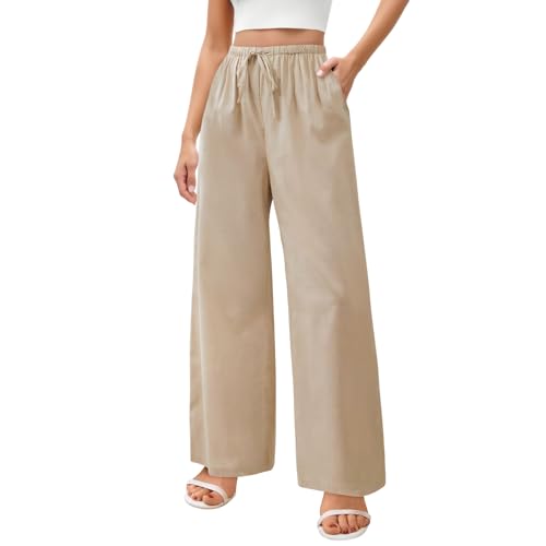 Zhiaek Leinenhose Damen Lang Weites Bein Sommerhosen Damen Leicht und Luftig Hose Sommer Casual Locker Freizeithose Palazzo Hose Weite Leg Hose Hohe Taille mit Tunnelzug und Taschen Khaki S von Zhiaek