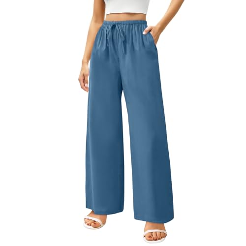 Zhiaek Leinenhose Damen Lang Weites Bein Sommerhosen Damen Leicht und Luftig Hose Sommer Casual Locker Freizeithose Palazzo Hose Weite Leg Hose Hohe Taille mit Tunnelzug und Taschen Meerblau L von Zhiaek