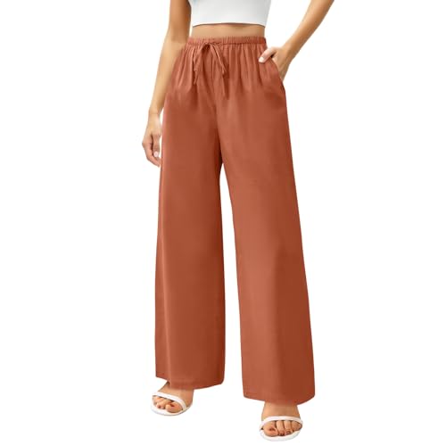 Zhiaek Leinenhose Damen Lang Weites Bein Sommerhosen Damen Leicht und Luftig Hose Sommer Casual Locker Freizeithose Palazzo Hose Weite Leg Hose Hohe Taille mit Tunnelzug und Taschen Orange M von Zhiaek