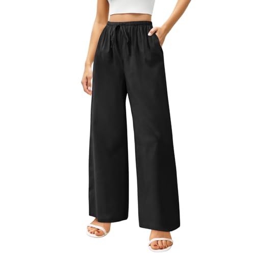 Zhiaek Leinenhose Damen Lang Weites Bein Sommerhosen Damen Leicht und Luftig Hose Sommer Casual Locker Freizeithose Palazzo Hose Weite Leg Hose Hohe Taille mit Tunnelzug und Taschen Schwarz XXL von Zhiaek