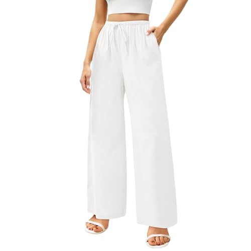 Zhiaek Leinenhose Damen Lang Weites Bein Sommerhosen Damen Leicht und Luftig Hose Sommer Casual Locker Freizeithose Palazzo Hose Weite Leg Hose Hohe Taille mit Tunnelzug und Taschen Weiß M von Zhiaek