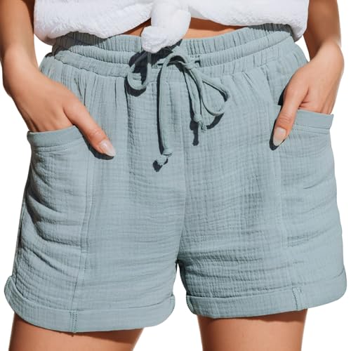 Zhiaek Musselin Kurze Hose Damen Shorts Damen Sommer Baumwolle Leinen Weite Kurze Hosen mit Taschen Lässige Stoffhose mit Kordelzug Leinenhose Grün L von Zhiaek