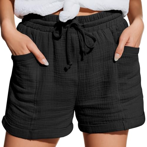 Zhiaek Musselin Kurze Hose Damen Shorts Damen Sommer Baumwolle Leinen Weite Kurze Hosen mit Taschen Lässige Stoffhose mit Kordelzug Leinenhose Schwarz L von Zhiaek