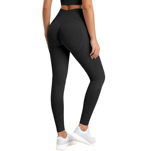 Zhiaek Sport Leggings Damen Booty Scrunch Push Up Blickdicht Sportleggins Lang Nahtlose Gym Leggings High Waist Seamless Yoga Hosen Sporthose Schwarz L von Zhiaek