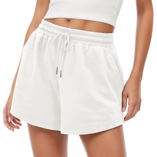 Zhiaek Sporthose Damen Kurz Locker Sport Shorts Damen Sommer Jogginghose mit Taschen Elastischer Bund und Atmungsaktive Kurze Hose zum Fitness Running Gym Yoga Freizeit Weiß S von Zhiaek