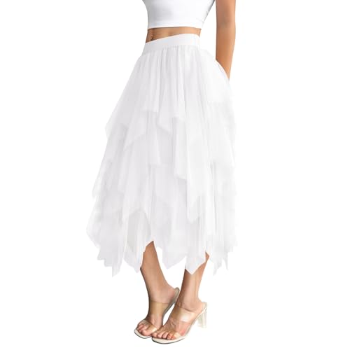 Zhiaek Tüllrock Damen Unregelmäßiger Faltenrock High Low Layered Tüll Rock Damen Elegant Minirock Sommerrock Feen Rock Abschlussball Karneval Halloween Party Weiß M von Zhiaek