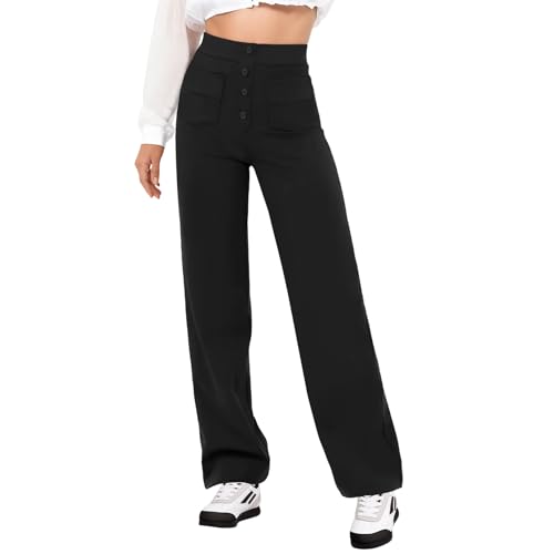 Zhiaek Weite Hose Damen Elegant High Waist Locker Lässig Gerade Hosen Freizeithose Stretch Hose mit Multi Taschen Schwarz XL von Zhiaek