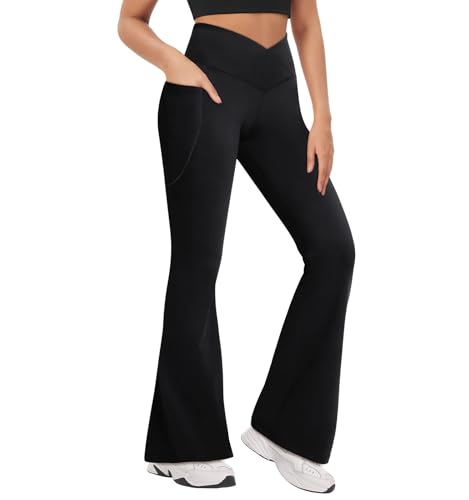 Zhiaek Yogahose Damen Schlaghose Blickdicht Flared Leggings Cross Waist Bootleg Sporthose Hohe Taille Bootcut Jogginghose Jazzpants Fitnesshose with Taschen von Zhiaek