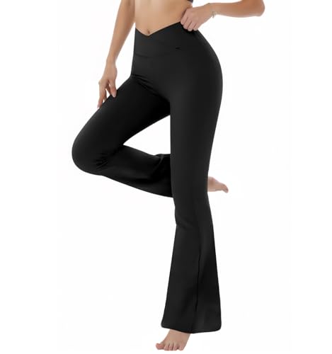 Zhiaek Yogahose Damen Schlaghose Blickdicht Flared Leggings Cross Waist Bootleg Sporthose Lang Bootcut Jogginghose Fitnesshose Jazzpants Stretch für Sport Tanz Casual Arbeit Schwarz L von Zhiaek